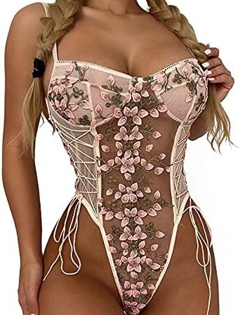 comeondear Lingerie Bodysuit One Piece Leotard Floral Teddy Mesh Bodysuit With Underwire Lace Up Embroidered Top Lingerie