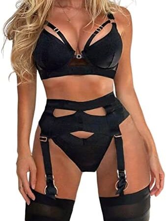 popiv Sexy Lingerie Set for Women 4 Piece Bra and Panty Set with Garter Belt Strappy Lingerie Set with Thigh Cuffs