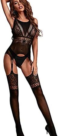 Bommi Fairy Women's Lace Mesh Lingerie Mini Dress Badydoll Fishnet Lingerie Tights Suspenders Striped Hollow-Out Lingerie One Size