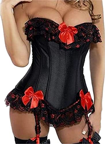 Kelvry Women's Gothic Satin Lace up Boned Bustier Corset Top with Suspenders Plus Size 6-24 Black