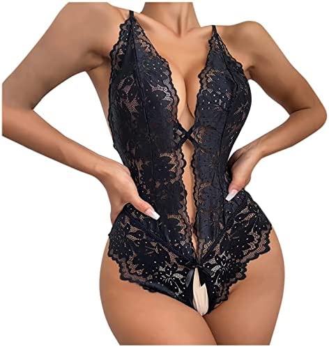 AMhomely Lingerie Bodysuit Womens Crotchless One Piece Leotard Floral Teddy Mesh Bodysuit Lace Up Embroidered Top Lingerie Female Teddy Babydoll Lingerie Sale Erotic Romper Outfits Sleepwear