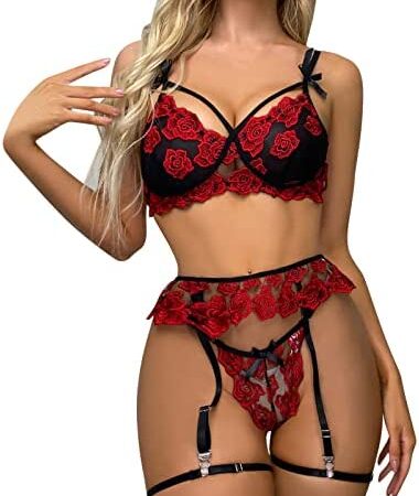 AMhomely Womens Sexy Lingerie Sets with Garter Belts UK Clearance Female Bra and Knicker Sets Erotic Clothing Ladies Outfits for the Bedroom Sexy Lace Knicker Thong Bras Suits Sale