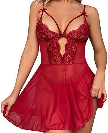AMhomely Womens Sheer Nightdress Thongs Sets See Through Babydoll Lingerie 2 Piece Camis Sleepwear Nightwear Hazy Charming Deep V Floral Chemise Sale Clearance Naughty Outfits for Ladies