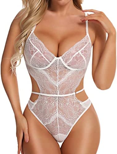 EVELIFE Sexy Lingerie for Women Naughty Lace Bodysuit Teddy One Piece Lingerie Transparent Snap Crotch Underwear