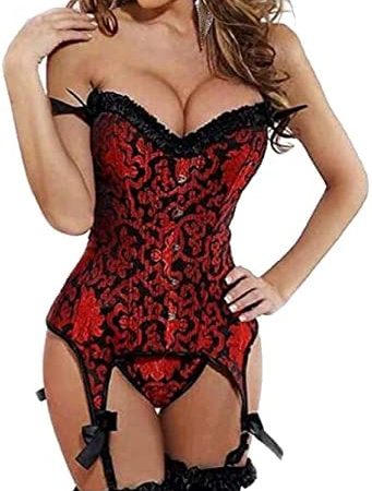 Kelvry Women's Gothic Satin Lace up Boned Bustier Corset Top with Suspenders Plus Size 6-24 Red