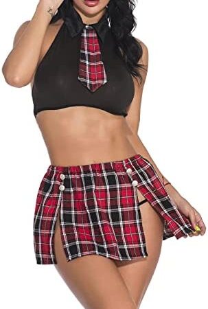 ROSVAJFY Sexy Cosplay Costume, Lingerie Set for Women Naughty, Roleplay Outfit Uniform Babydoll Lingerie with Tie Lace Top and Plaid Pleated Mini SKirt for Halloween Party