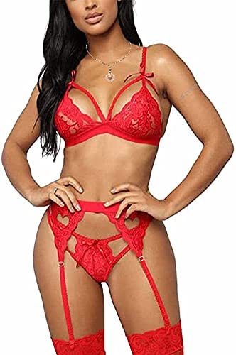 Women 3 Pieces Lace Lingerie Set with Garter Belt, Sexy Bra and Panty Set Suspenders Strappy Nightwear Babydoll, Floral Embroidery Sheer Teddy Sleepwear for Lingerie Party Wedding Night
