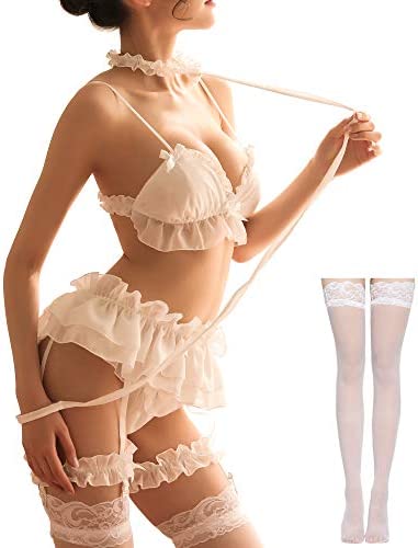 Women's Sexy Cosplay Lingerie Set Ruffle Baby Doll Teddy Outfit Bra an Pantie Nightie with Choker