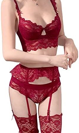 Women's Classic Bra Set and Garter Belt and Stocking Lingerie Set 4 Piece Red