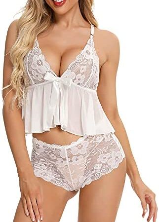 BESDEL Women's Kimono Eyelash Lace Babydoll Lingerie Long Sleeve Mesh Nightgown with G-String