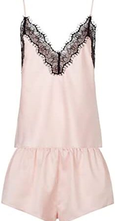 Ann Summers - Cerise Cami Satin Lounge Set for Women, V Neck Lingerie Pyjamas Set, Blush Pink Cami and Shorts Set with Lace Trims, Nightwear for Women