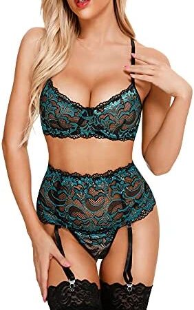 BESDEL Womens Lace Lingerie Set with Garter Belt High Waist Bra and Panty Set Sexy Boudoir Outfits