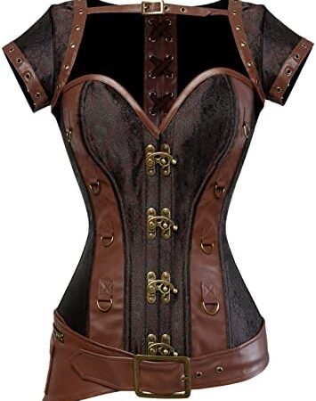 DELIGUO Womens Bustier Corset - Steampunk Vintage Pu Leather Corset Bustier With Jacket Overbust Corset Lingerie Top, Party Carvinal Costume Plus Size