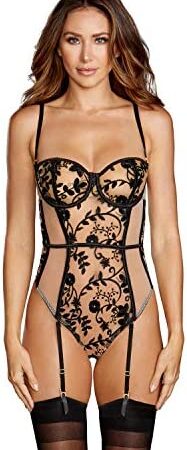 Dreamgirl Women's XL Sheer Stretch Mesh Teddy with White Embroidery Lingerie Set, Nude/Black