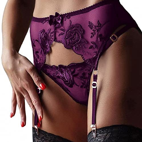 ROSVAJFY Women's Transparent Sexy Suspender Garter Belt with 4 Adjustable Clips G-String, High Waisted Suspender Belt Lace See Through Lingerie for Stockings Garters (Purple)