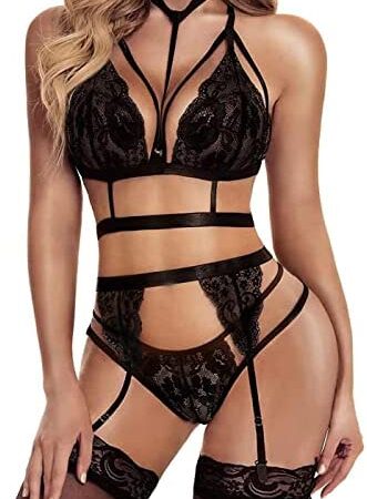 VicSec Lace Lingerie Set with Choker and Suspender Garter Belt for Women, Sexy Strappy Bra and Knickers Set Ladies Nightwear Underwear for Valentines Honeymoon, S-XL Plus Size