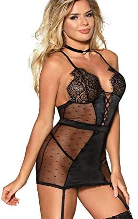 Yummy Bee - Babydoll with Suspenders - Lace Chemise Black Bodysuit- Plus Size Lingerie Set 8-22