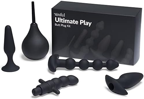 Butt Plug Set from Sinful - Ultimate Play Butt Plug Kit with Bullet Vibrator and Silicone Bulb - 4X Anal Training Plugs - Butt Plugs in Flexible Premium Grade Material - Black